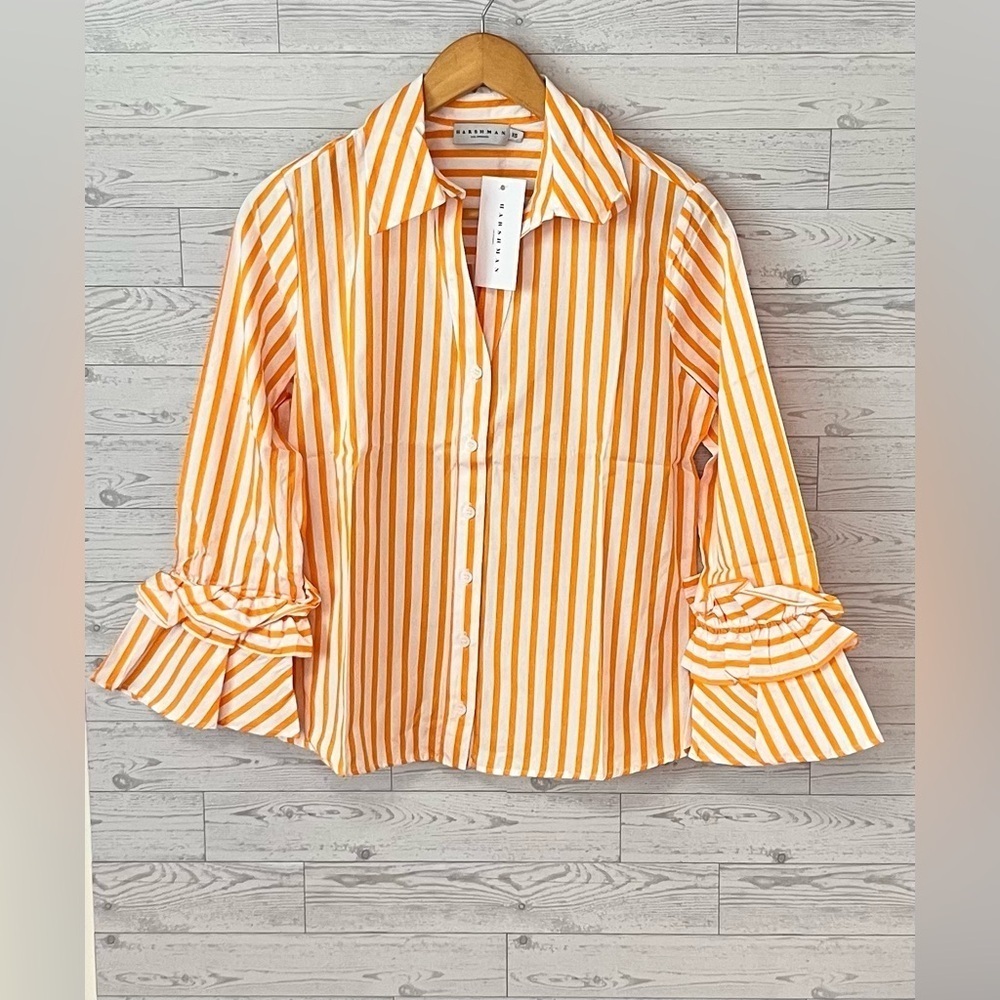 Harshman Selina Cotton Button Front Ruffle-Trim Top Women’s XS Striped Marigold - Picture 3 of 13